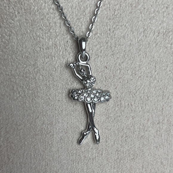 Silver Tone Ballerina Dance Necklace Clear Crystal Rhinestone Skirt - Picture 1 of 7